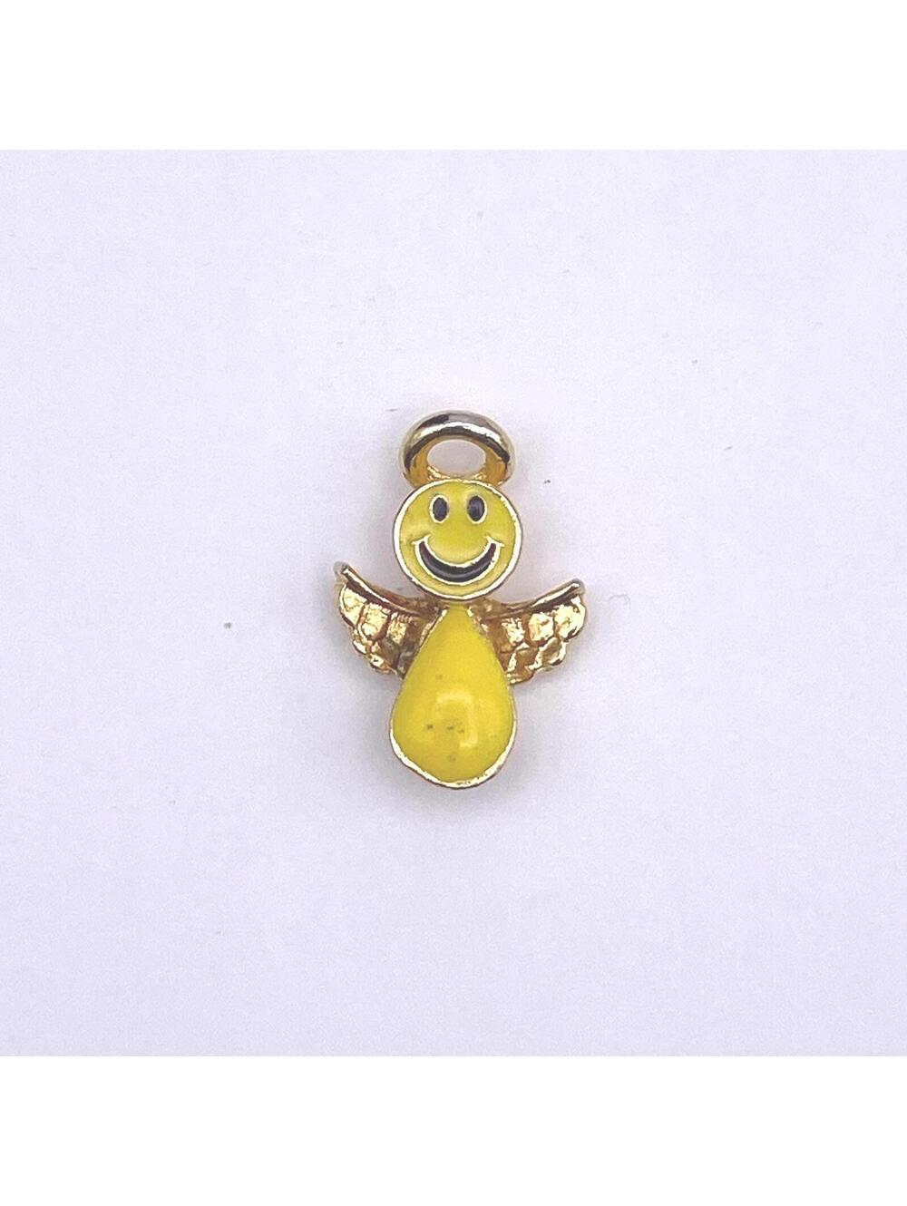 Vintage Gold Tone and Yellow Enamel Smiley Face Guardian Angel Pin Back Brooch.